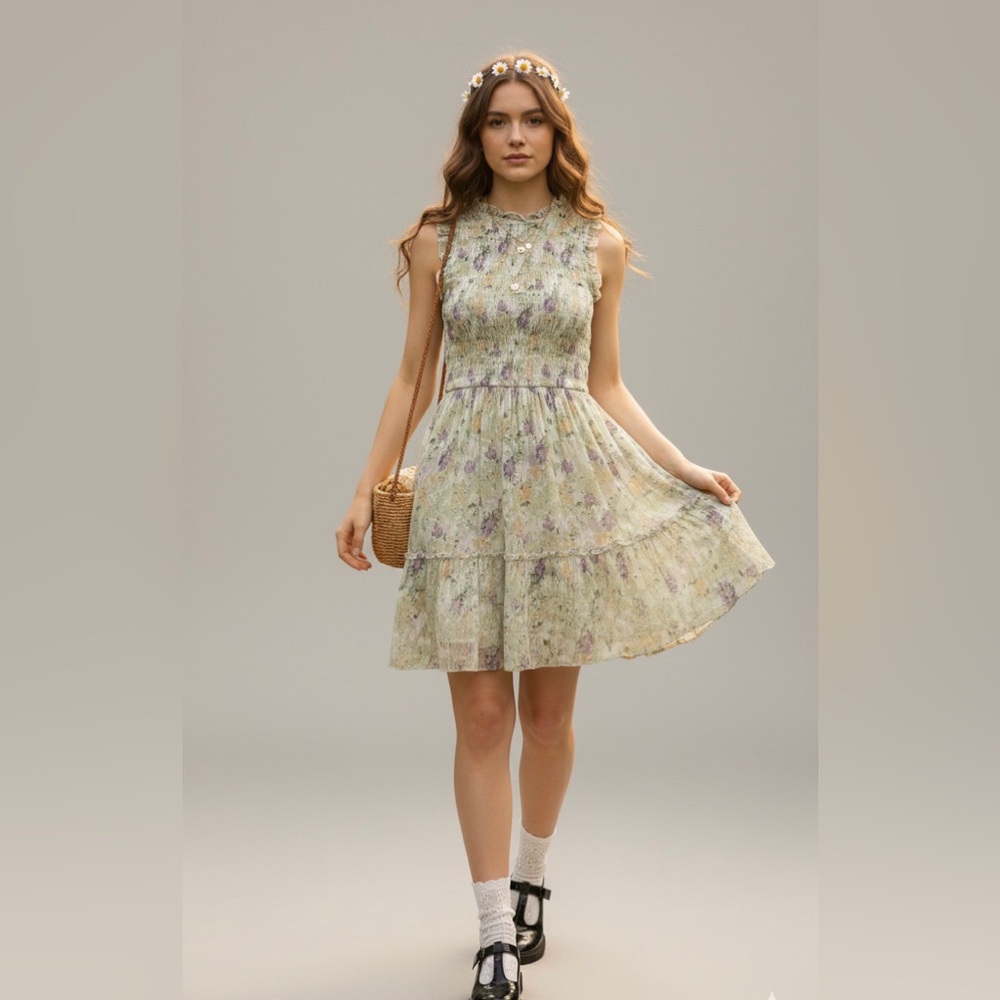 Cottagecore Mini Dress Smocked Bodice Pastel Floral Fairycore Tiered Ruffle - Picture 9 of 9